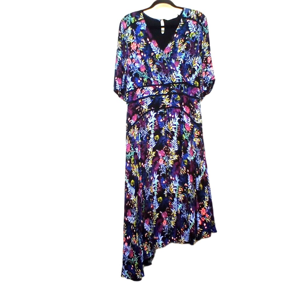 Soft Surroundings Florencia Dress Blue Multi Floral Asymmetrical Midi Size 16